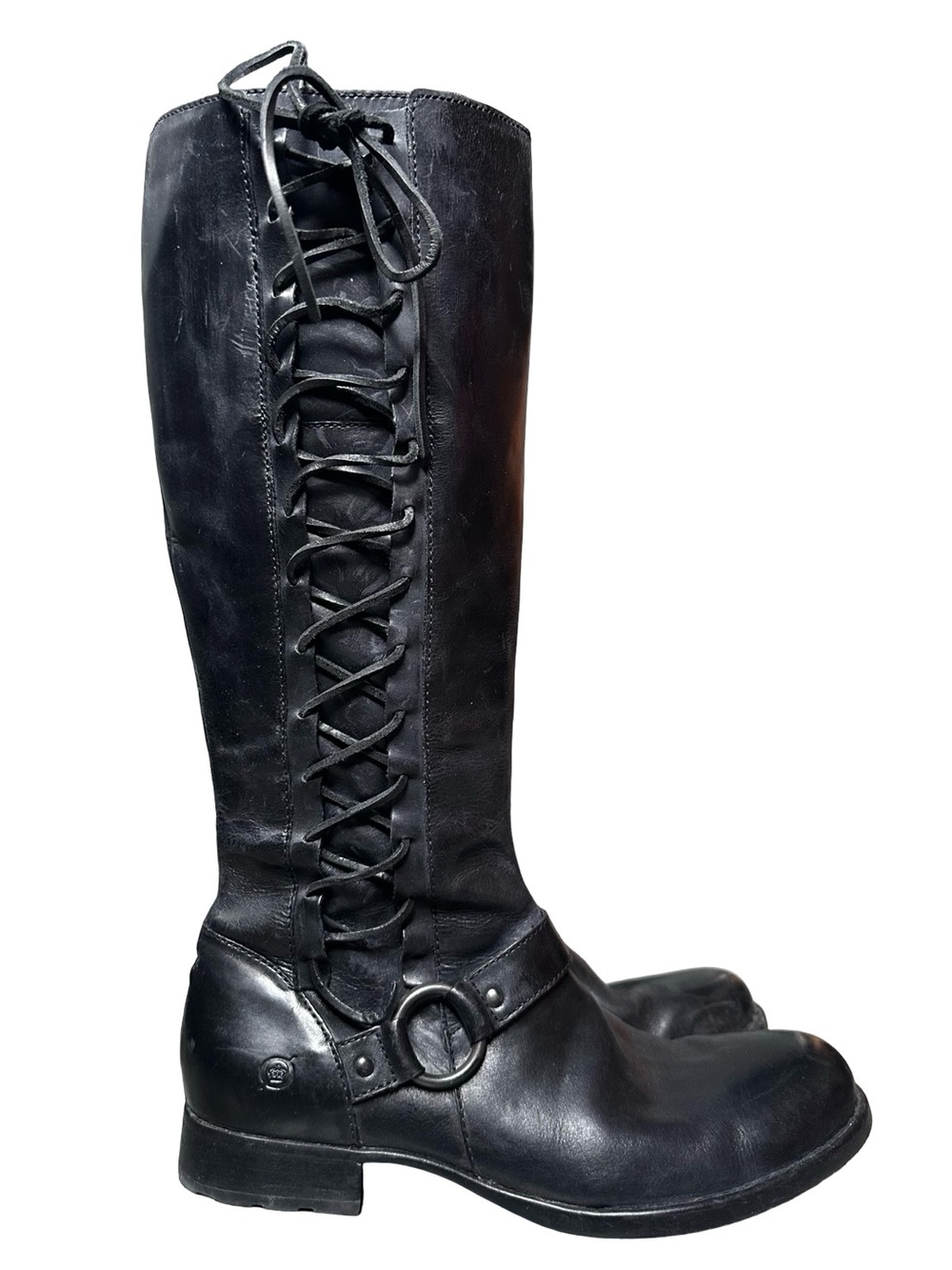 Born Black Knee High Leather Boots Size 9.5 Lace Up Moto Equestrian Western Boho